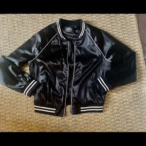 Black satin bomber jacket w cream tick stripe